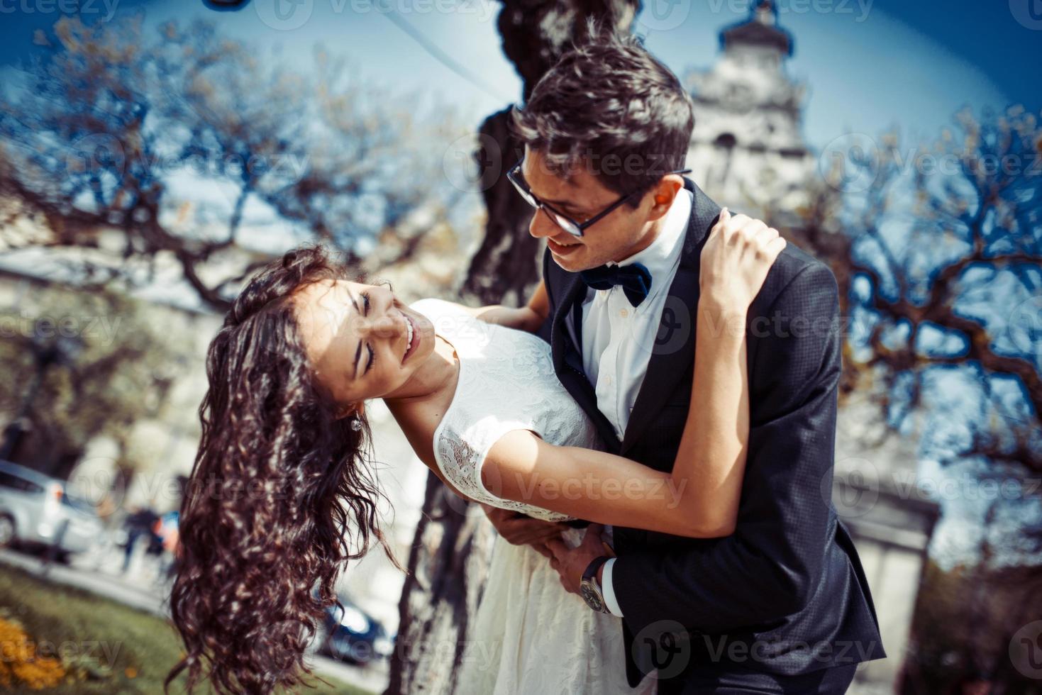 happy and loving couple walking and make photo in the old city
