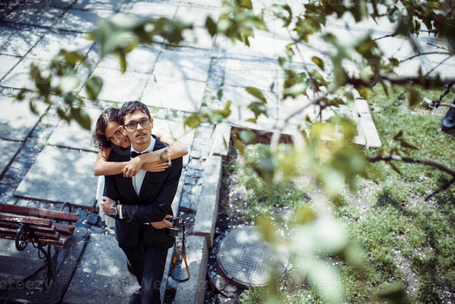 happy and loving couple walking and make photo in the old city