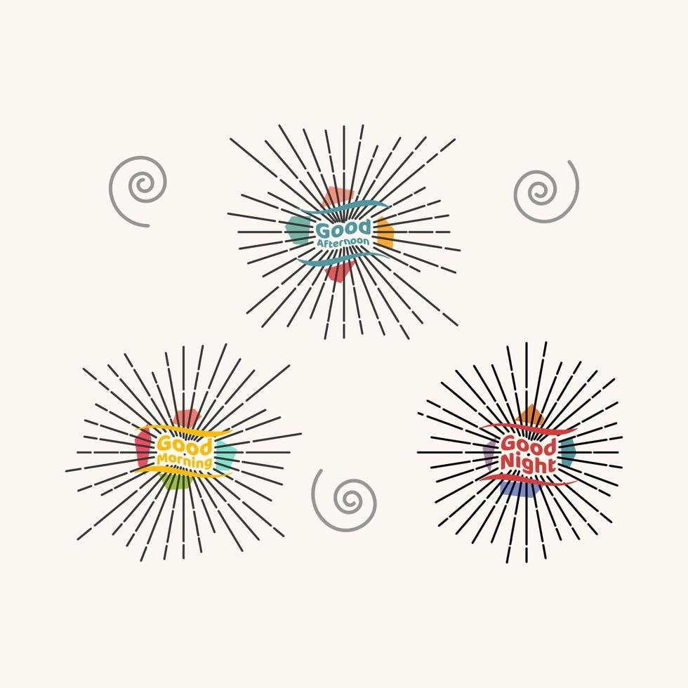 Lettering greeting different times of the day with sunburst design vector illustration