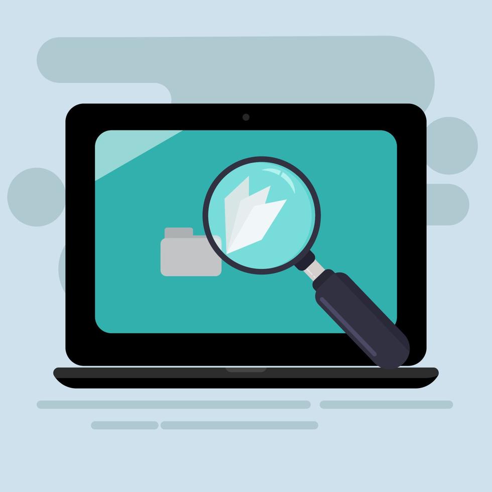 Magnifying glass and laptop with flying paper on screen vector illustration. Searching file concept