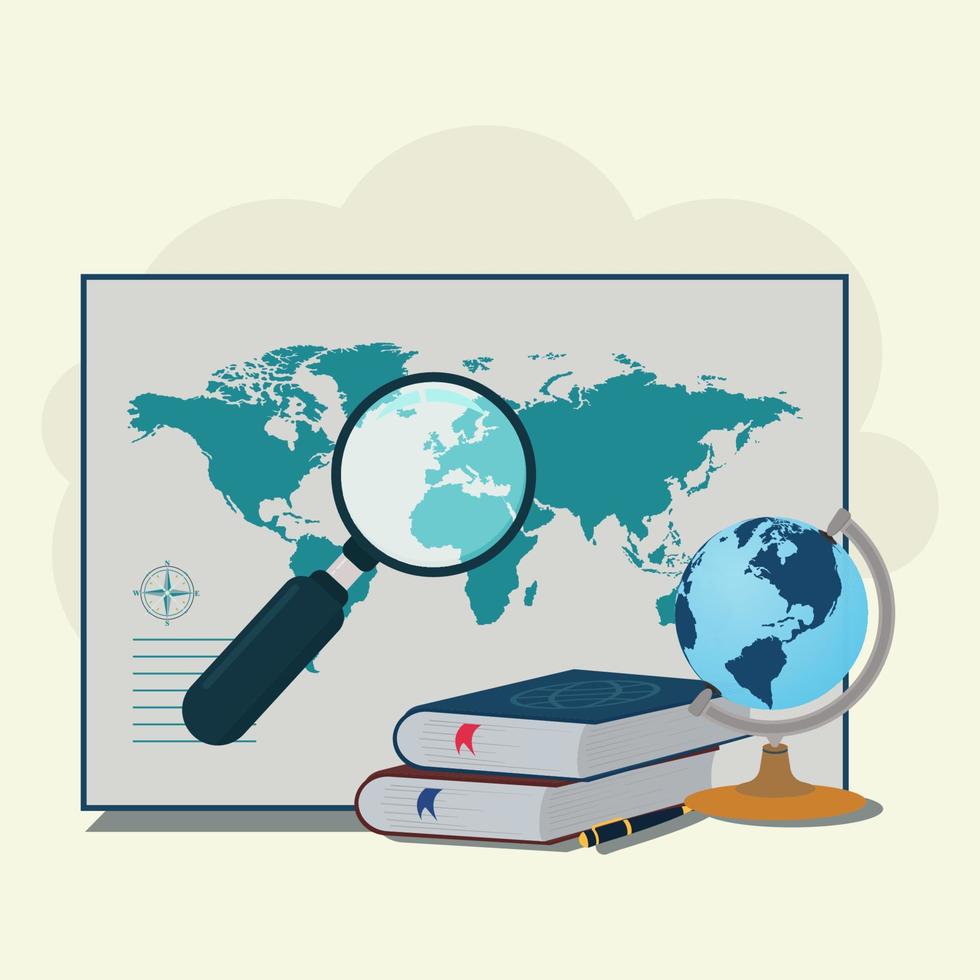 Map, books, pen, globe and magnifying glass. Geography lesson concept vector