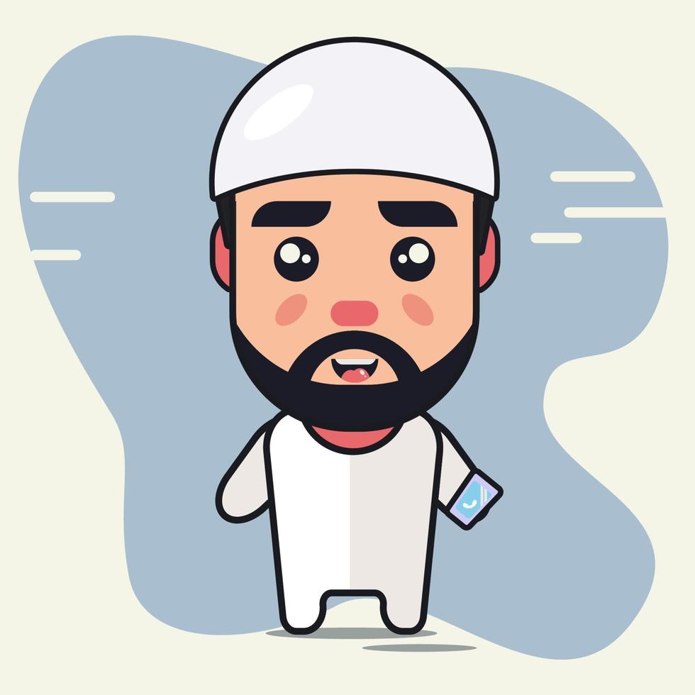 hombre musulmán sostiene ilustración de vector de dibujos animados lindo teléfono inteligente