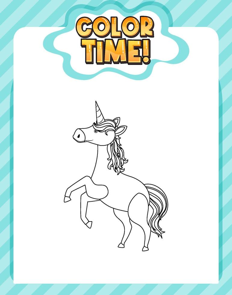 Worksheets template with color time text and Unicorn outline vector