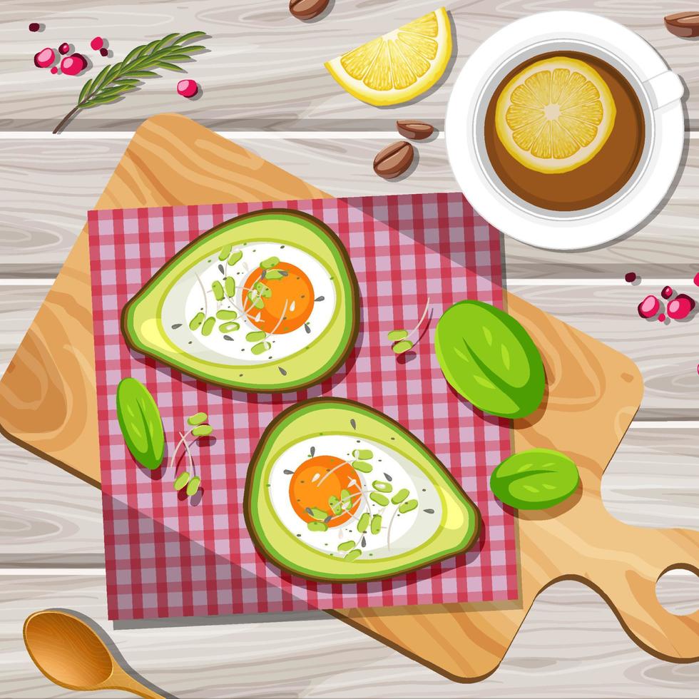 Top view food Creamy Avocado Egg Bake with placemat on wood plate on wood background vector