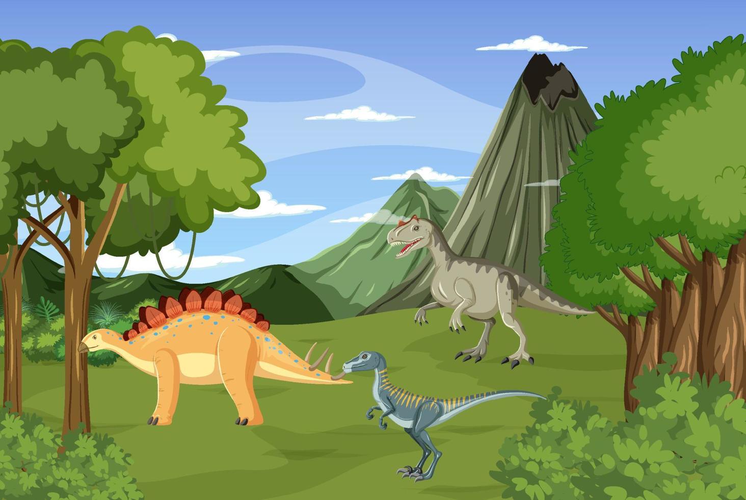 escena de la naturaleza con árboles en las montañas con dinosaurio vector