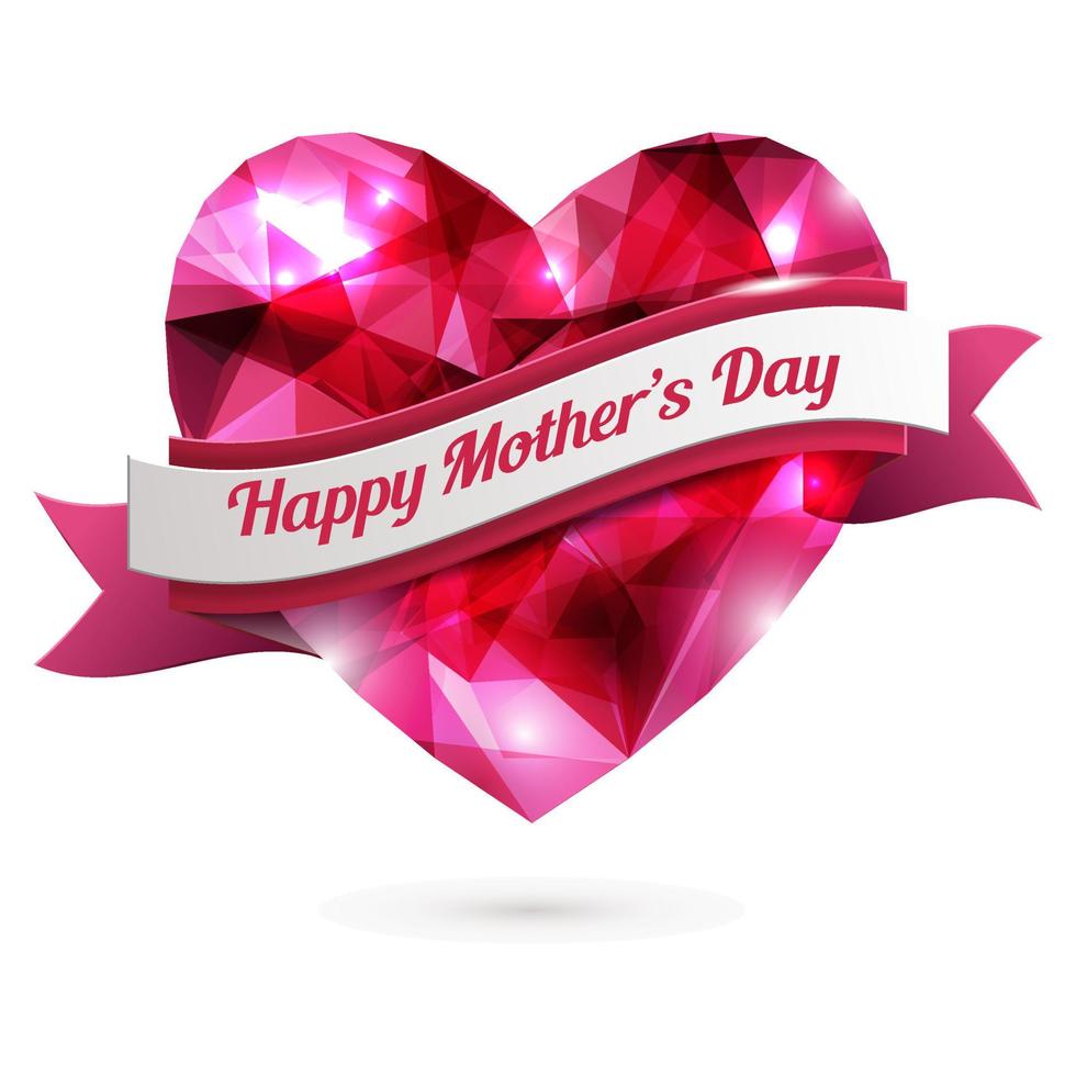 Pink origami heart on a white backdrop with ribbon. Vector Illustration. Love symbol. Lights and sparkles. Low-poly colorful style. Happy Mother's Day.