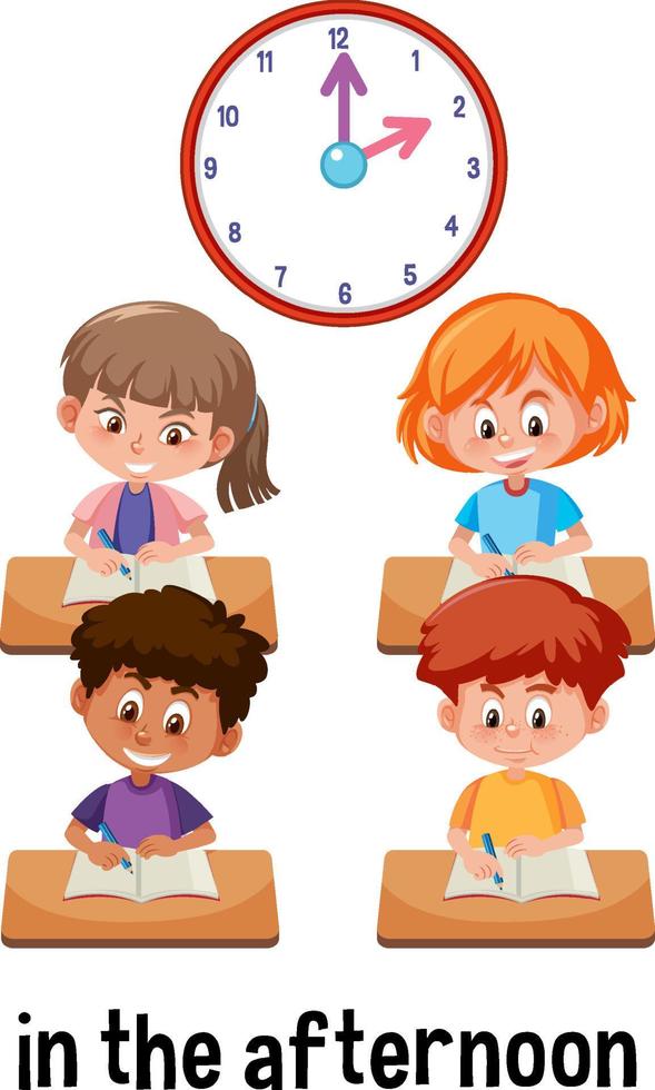 English prepositions of time with set of kids learning at 2 pm vector