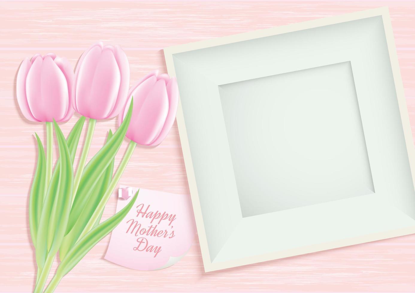 Happy Mother's Day, Mother's Day concept. top view flat lay photo frame and Tulip flowers Holiday background, greeting card vector