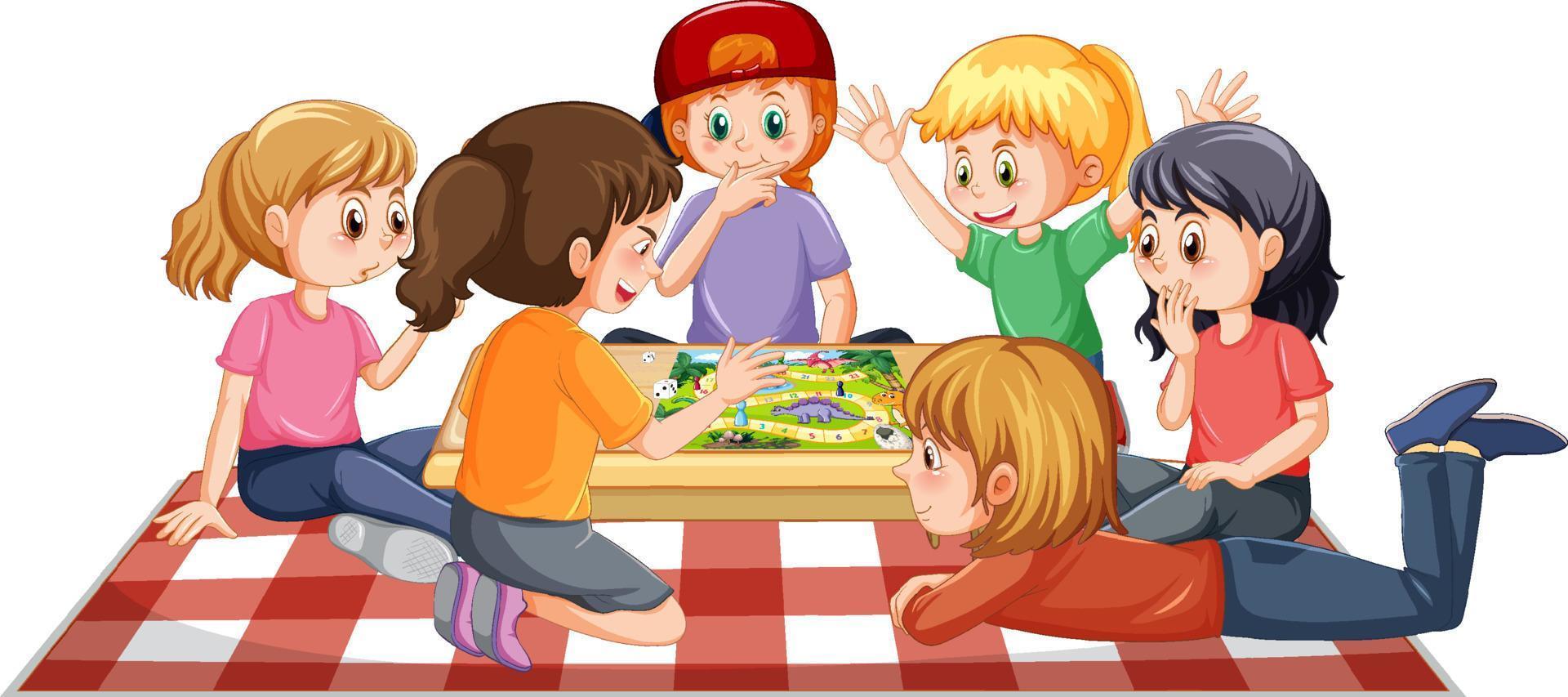 Happy kids playing boardgame on white background vector