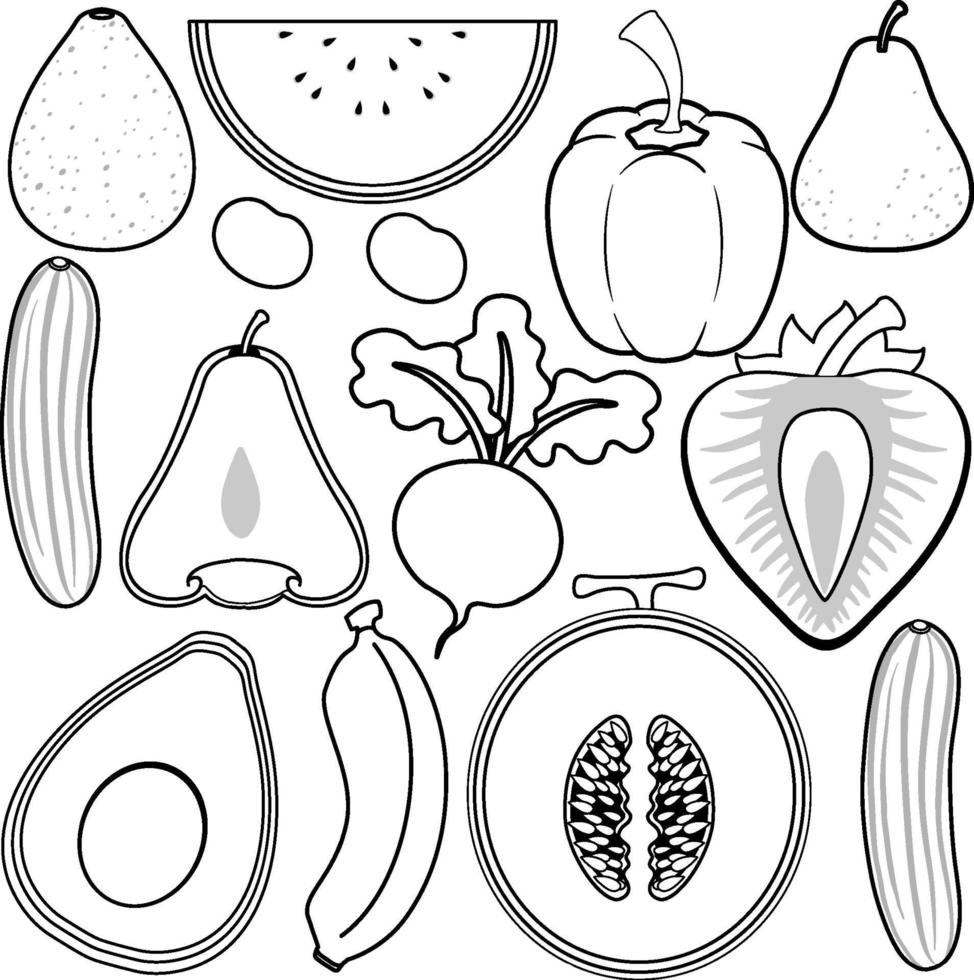 contorno de doodle de frutas y verduras vector