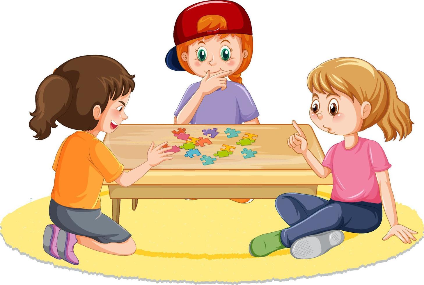 Happy kids playing jigsaw on white background vector