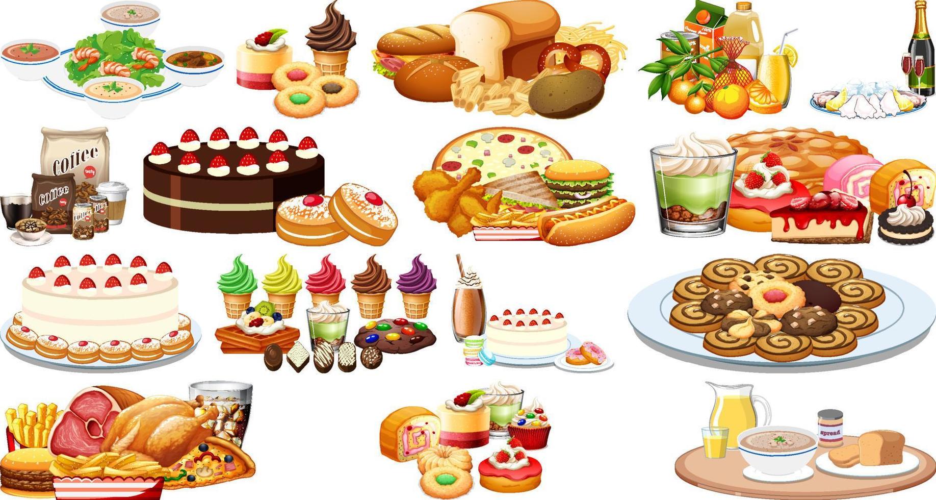 Set of different foods and beverages vector