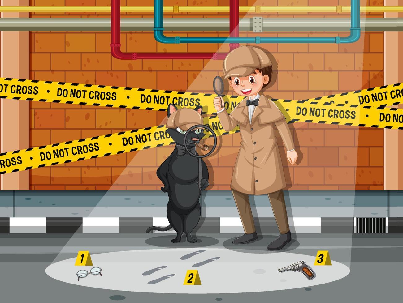 Detective looking for clues with magnifying glass in scene vector