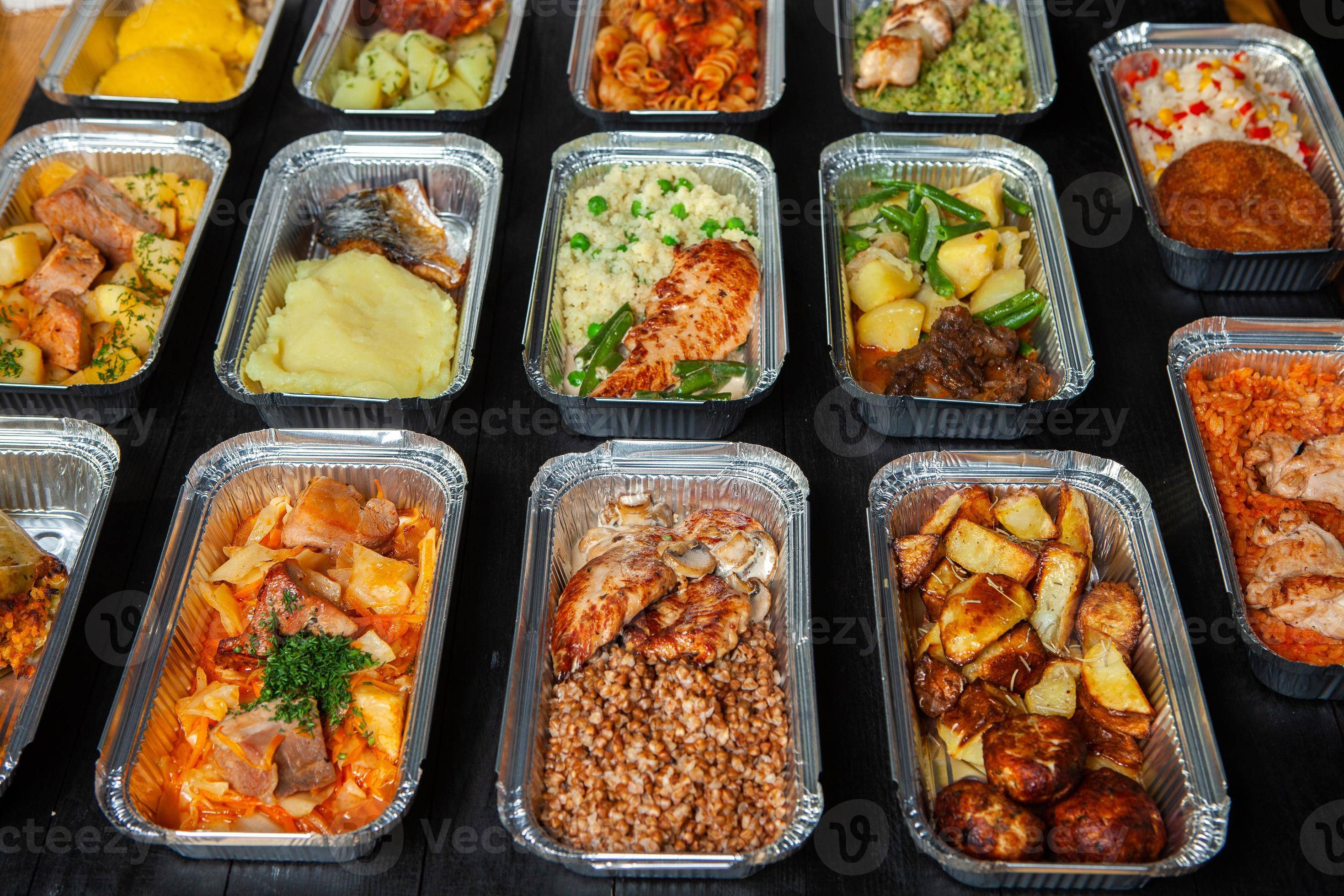Business lunch in eco plastic container ready for delivery.Top view