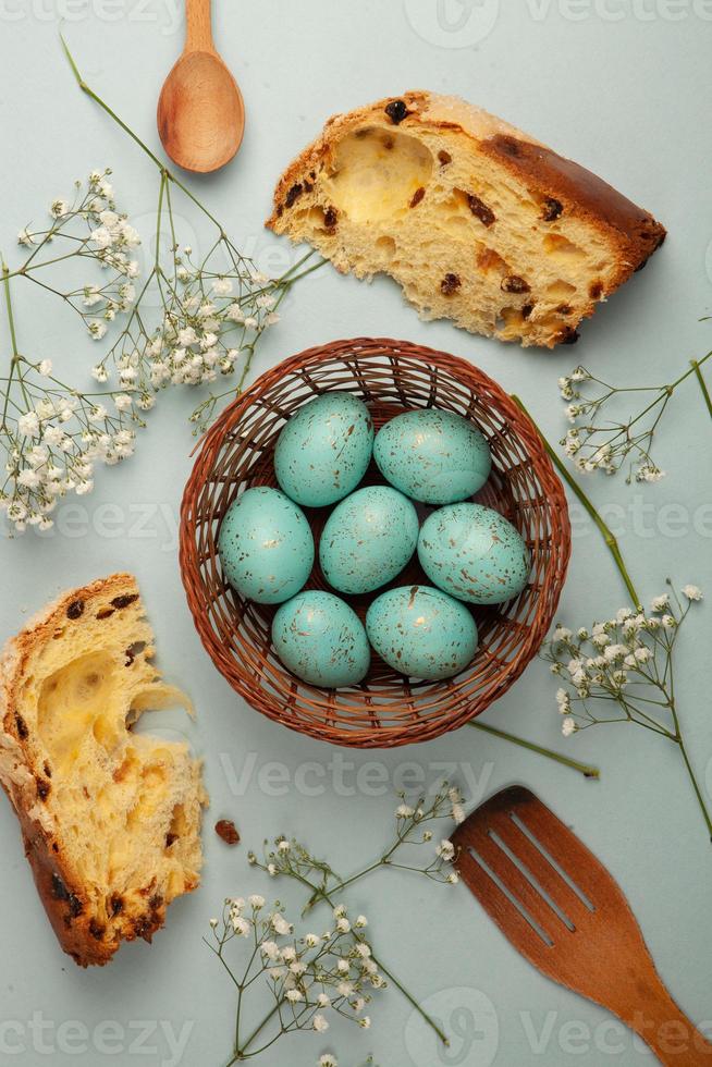 Hand painted pastel colored Easter eggs background. Happy Easter greeting card or invitation. photo