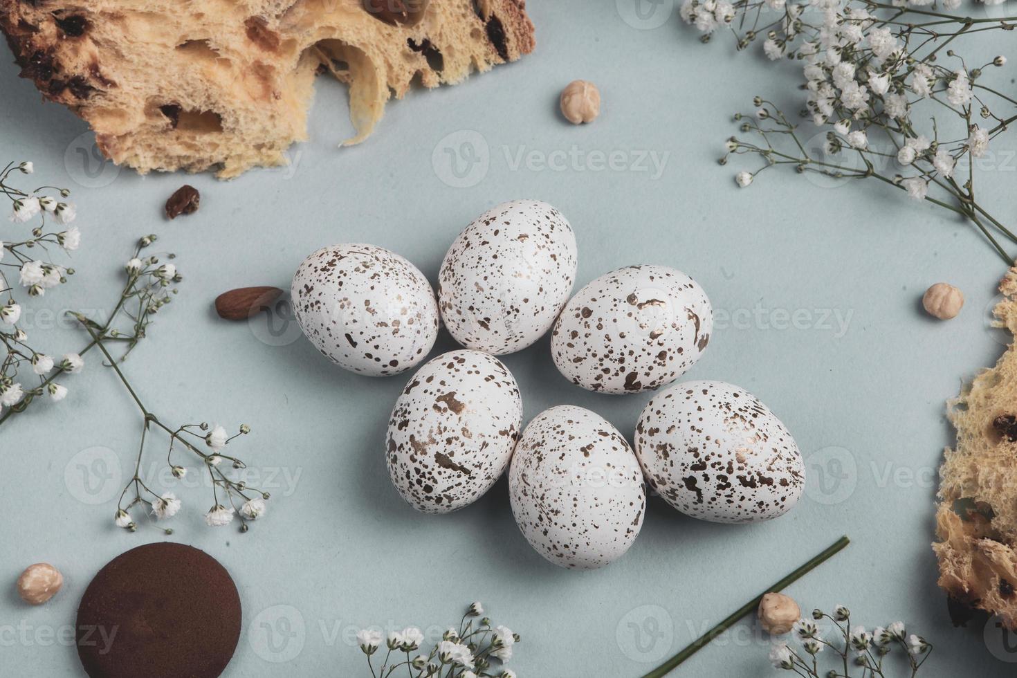 Hand painted pastel colored Easter eggs background. Happy Easter greeting card or invitation. photo