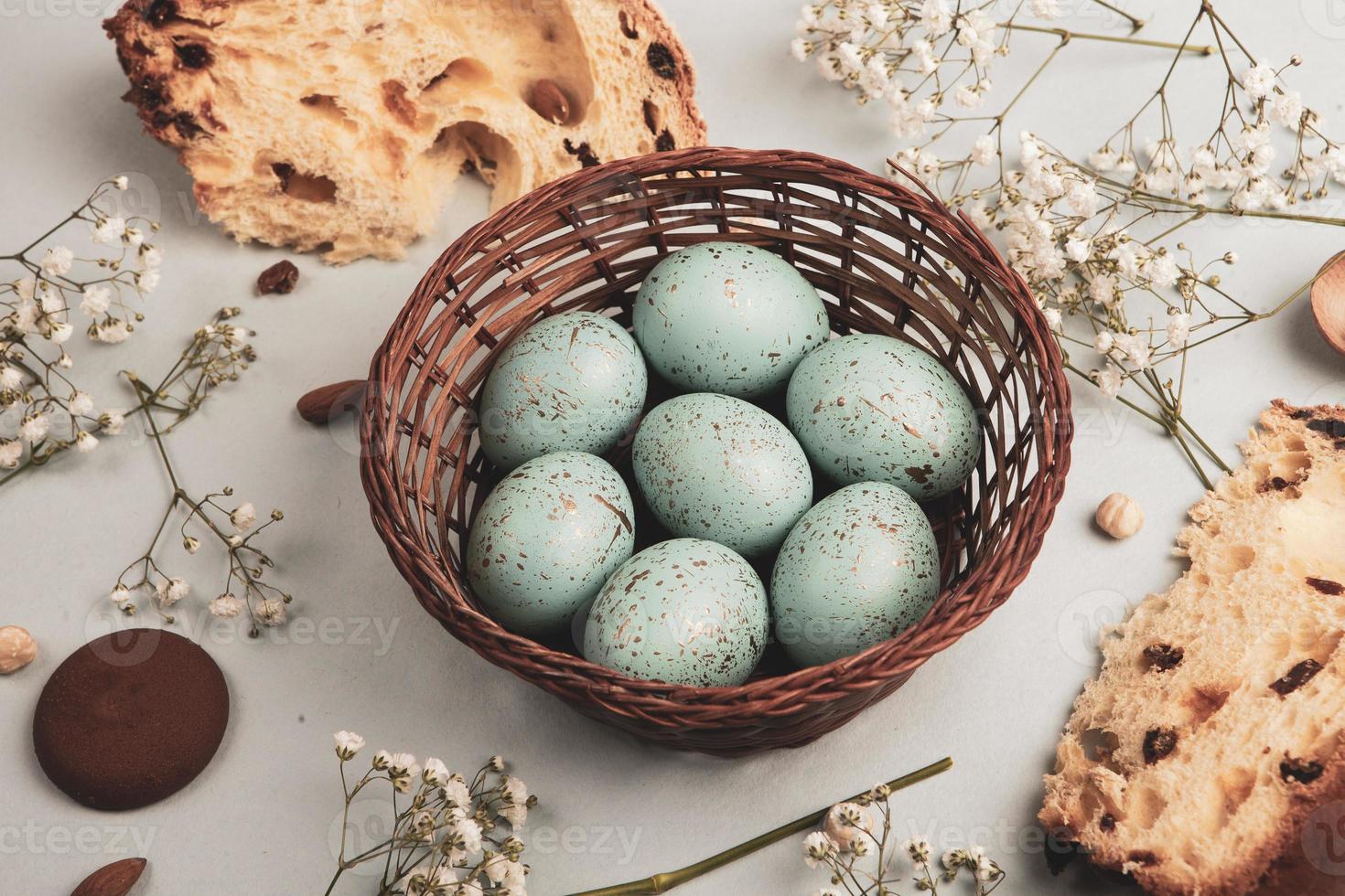 Hand painted pastel colored Easter eggs background. Happy Easter greeting card or invitation. photo