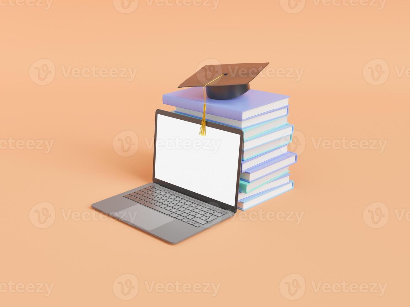 Books with academic hat near laptop photo