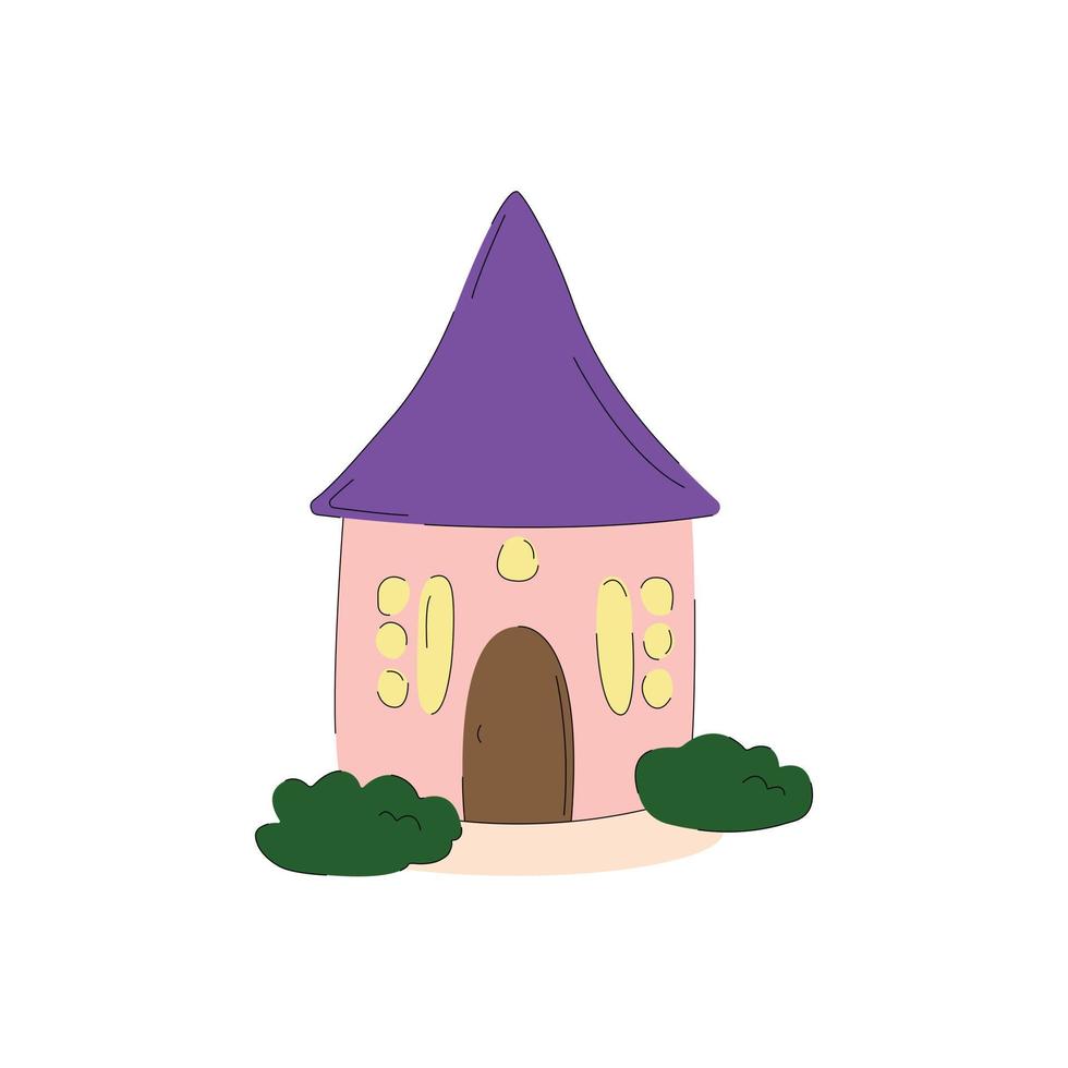 linda casa de cuento de hadas con estilo plano de techo púrpura, ilustración vectorial aislada en fondo blanco. edificio con ventanas y puerta, arbustos. esquema, fantasía vector