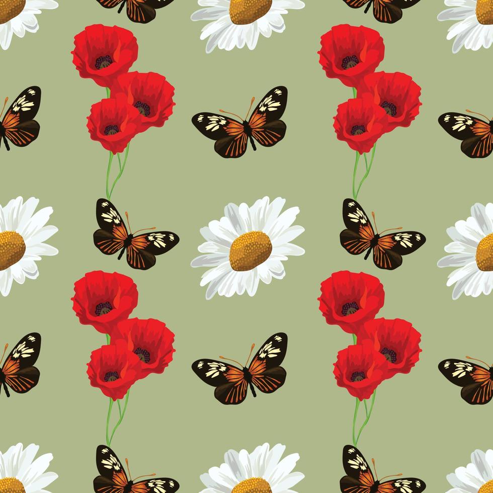 white daisy and brown butterfly seamless vector