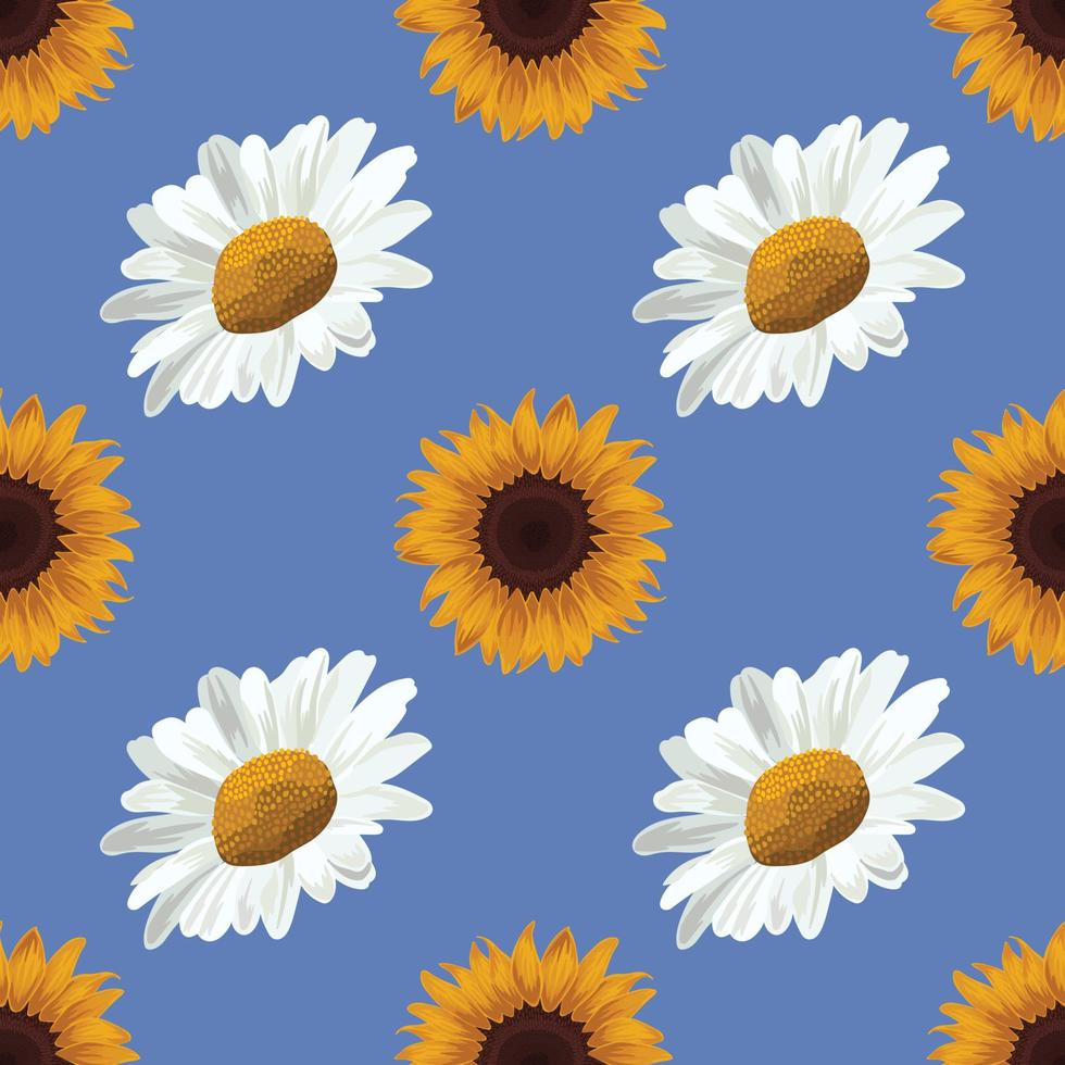 white daisy and sunflower drawing seamless vector