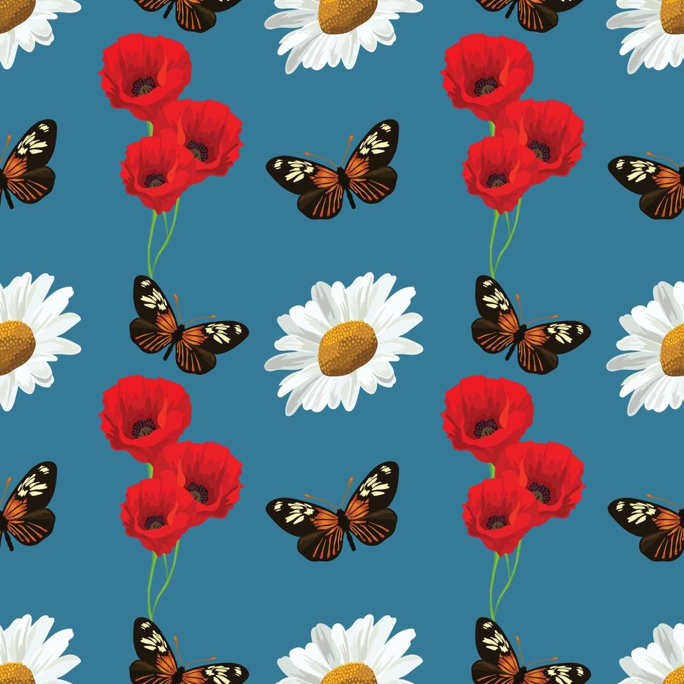 white daisy and brown butterfly seamless pattern hand draw vector