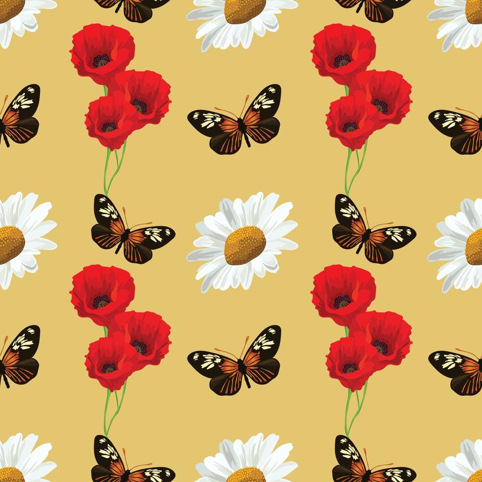 white daisy and brown butterfly seamless pattern art hand draw vector