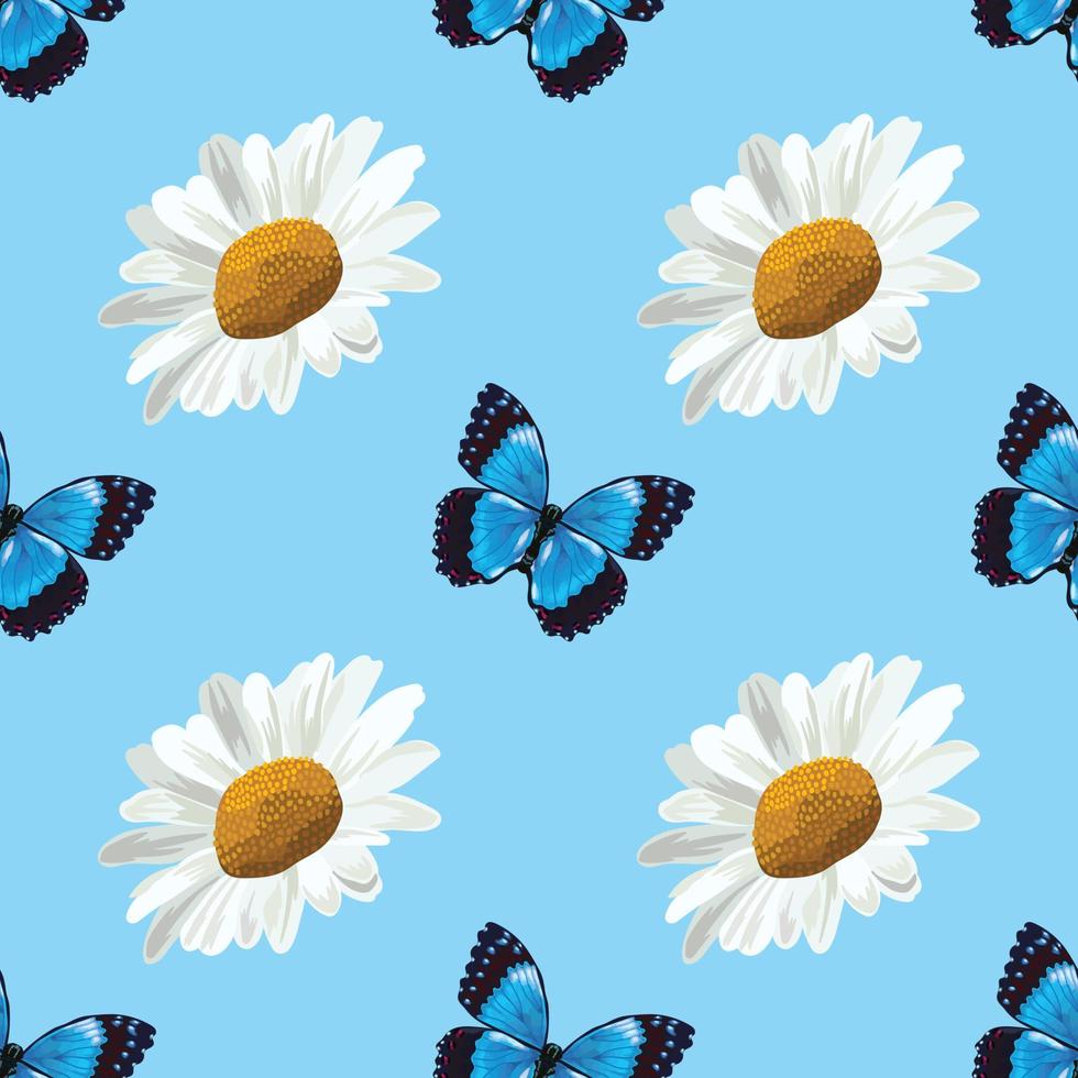 white daisy and blue butterfly seamless pattern vector