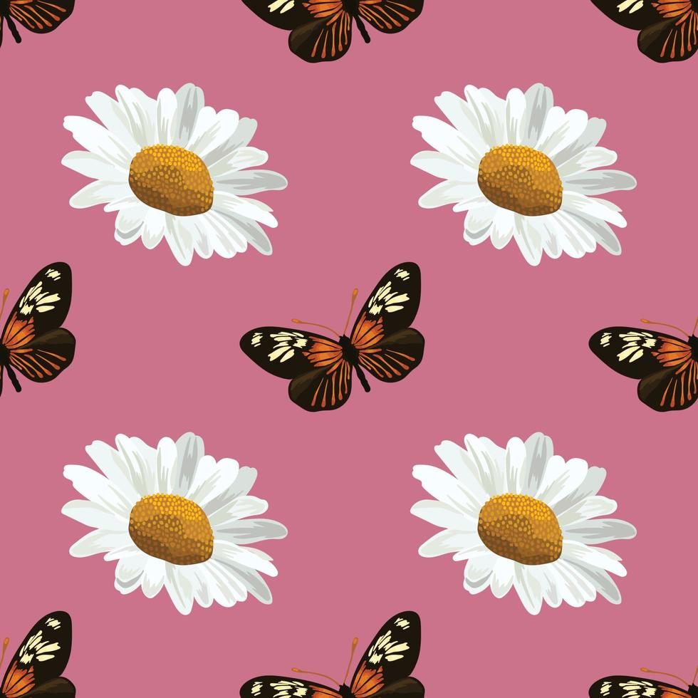 white daisy and butterfly seamless design patter vector