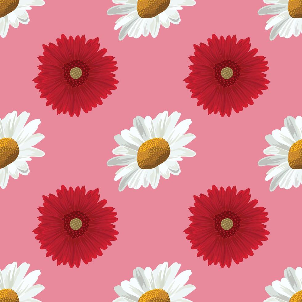 white daisy and red daisy seamless pattern vector