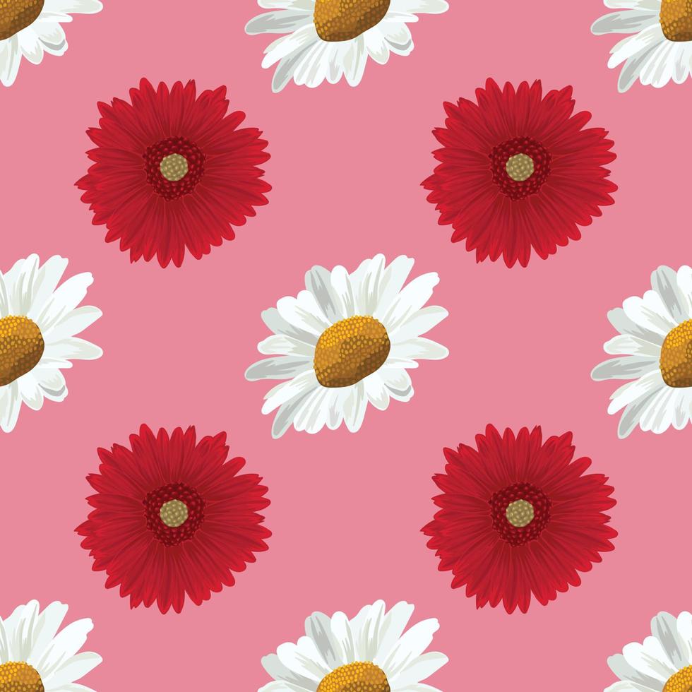 white daisy and red daisy seamless pattern vector