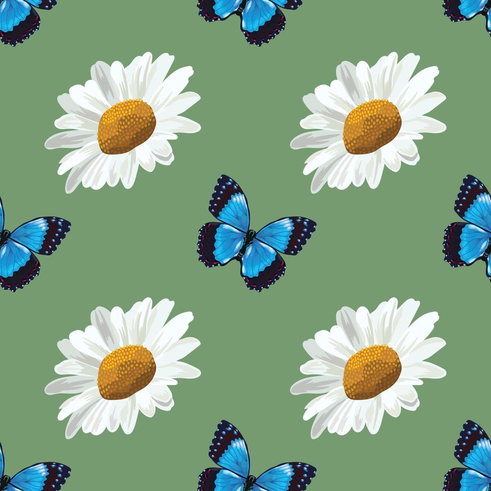 white daisy and blue butterfly seamless vector