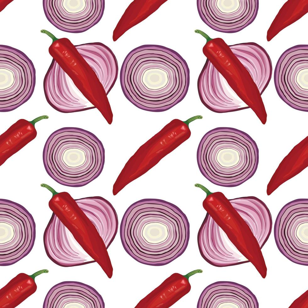 onion and red chili hand draw vegetable seamless pattern design vector