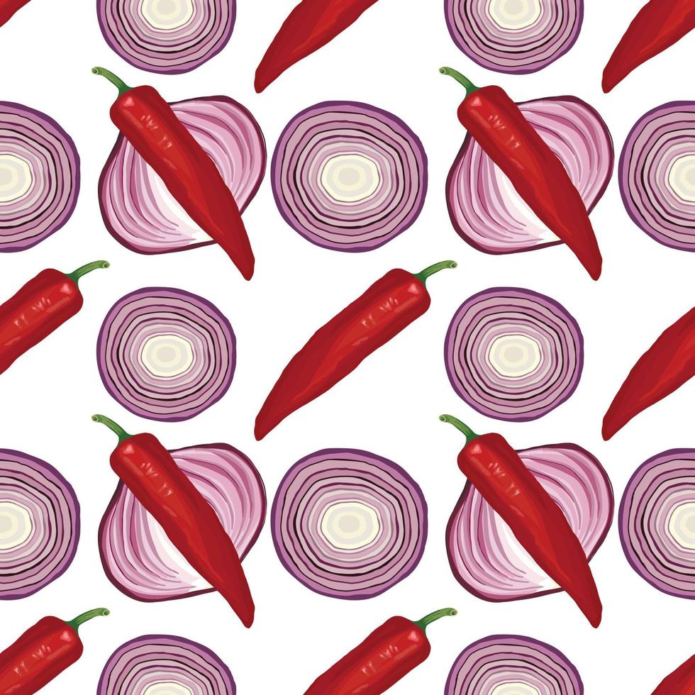 cebolla y chile rojo dibujo a mano vegetal diseño de patrones sin fisuras vector