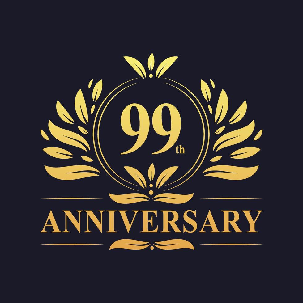 Diseño del 99 aniversario, lujoso logotipo del aniversario de 99 años en color dorado. vector