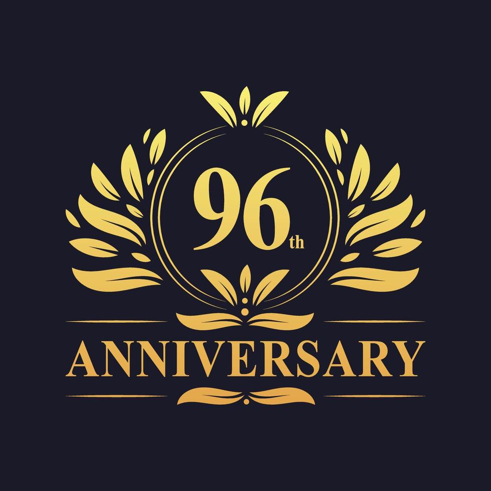 Diseño del 96 aniversario, lujoso logotipo del aniversario de 96 años en color dorado. vector