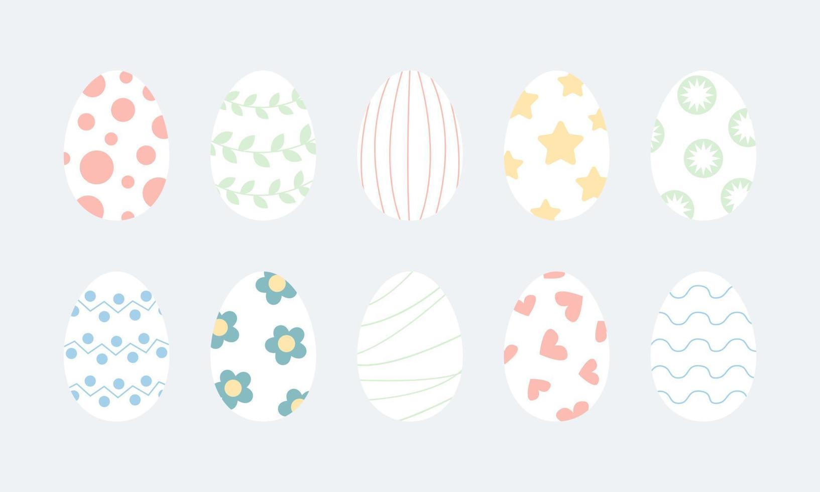 Set of decorated Easter eggs. Various ornaments hearts, stars, dots, lines, flower. Flat illustration in pastel colours for religious holiday. Orthodox easter food collection. Chicken eggs. vector