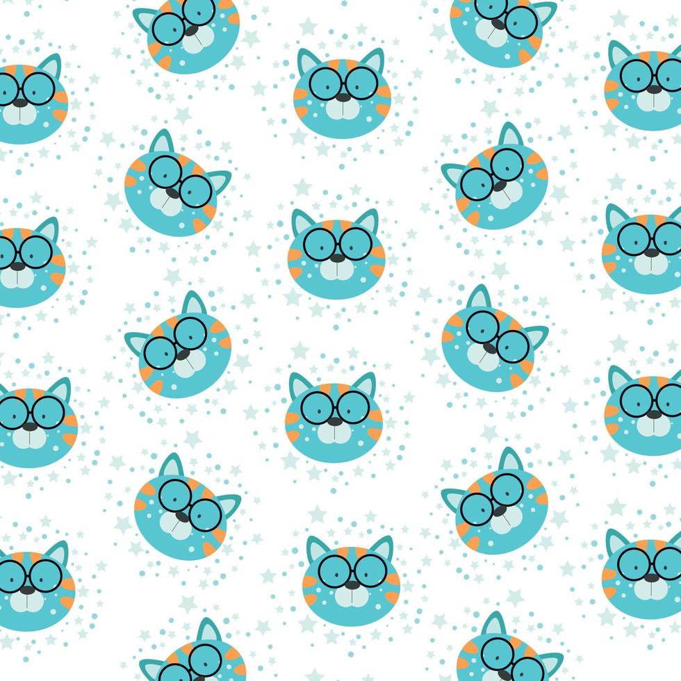 cute pattern of cat with glasses. Cute background in vector