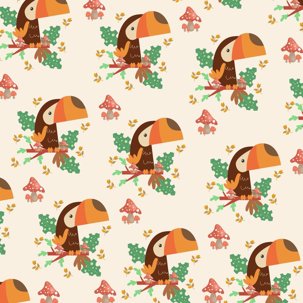 pattern with cute cartoon toucan bird on branch. Vector illustration for wallpaper, fabric, textile. Summer exotic print. Tropical toucan with stalks and leaves.