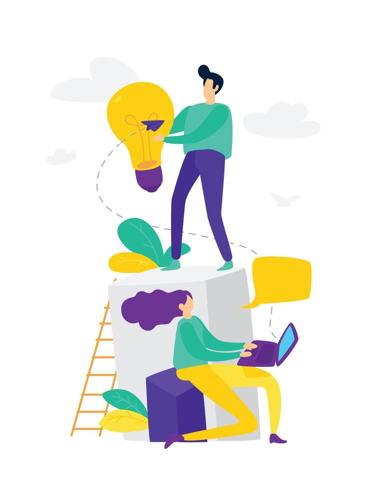 Vector illustration, online assistant at work, online promotion, remote work manager, search for new ideas, teamwork in a company, brainstorming.