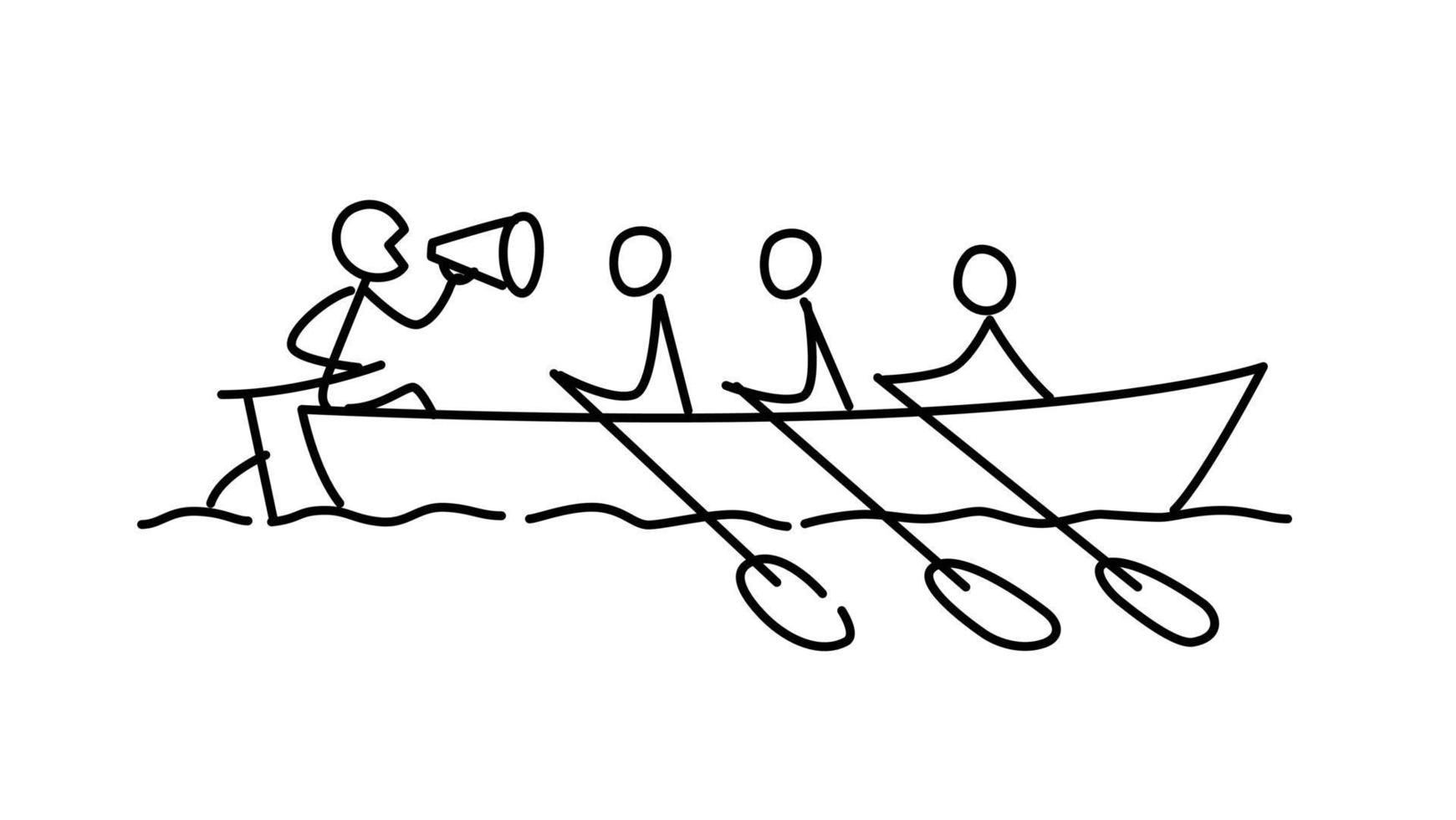 Illustration of a man leading a team. Vector. The captain chef commands the workers in the boat in the middle of the ocean. A sensitive guide. Metaphor. Contour picture. vector