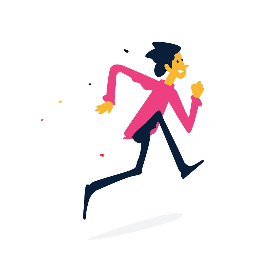 ilustración de un hombre alegre corriendo. vector. estilo plano de dibujos animados. empresario de carácter en una sudadera roja. aptitud, deporte. mascota para una empresa o tienda. vector