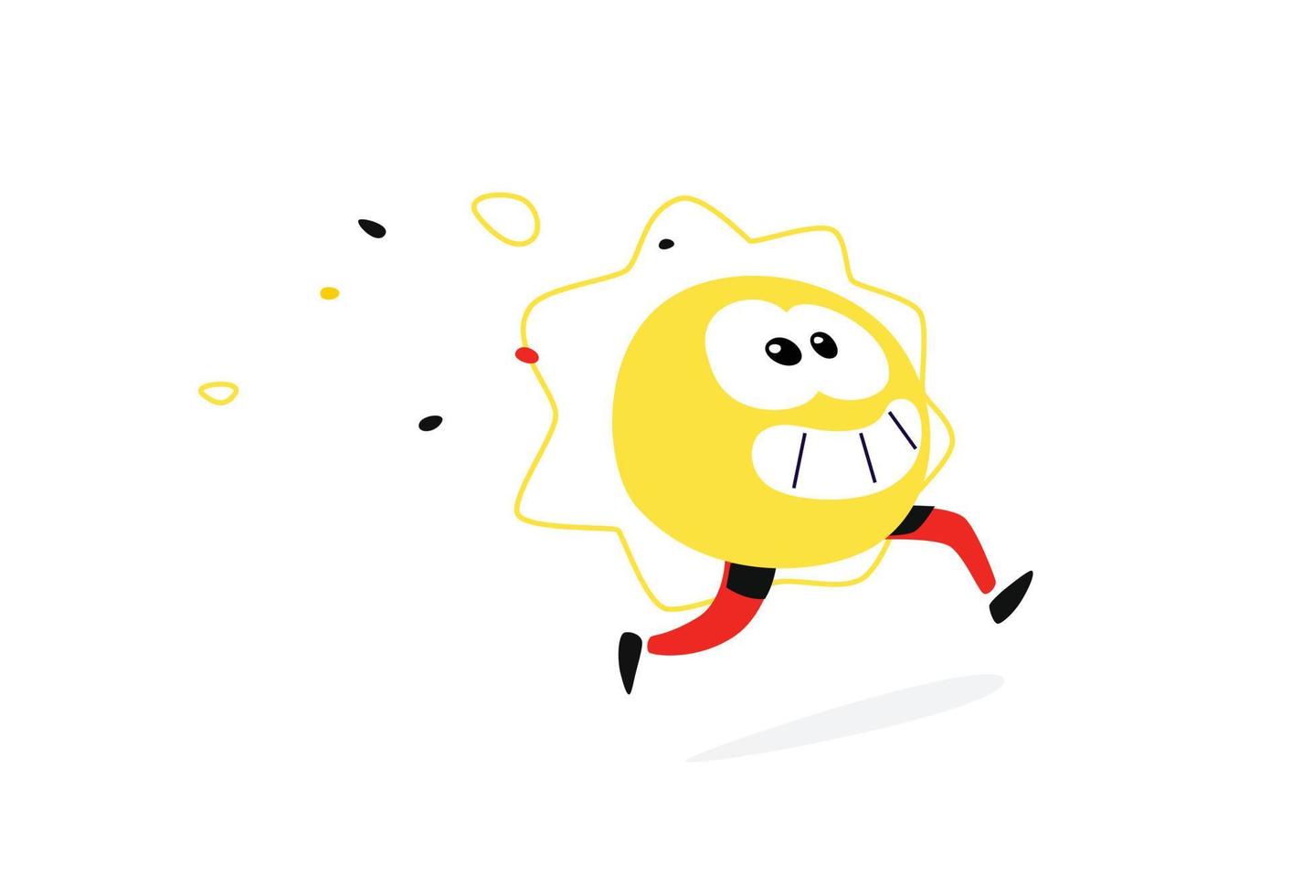 Illustration of a running sun. Vector. Round face with legs. Cartoon flat style. Yellow sun character for company and logo. Brand company. Fun positive icon. vector