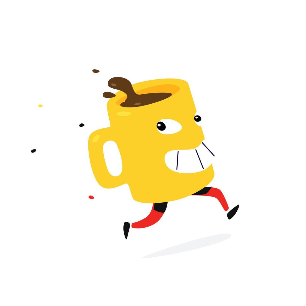 Illustration of a running yellow cup of coffee or tea. Vector. Cartoon flat style. Character cup hot drink. Hot chocolate delivery. Mascot for a company or store. Funny dishes. vector