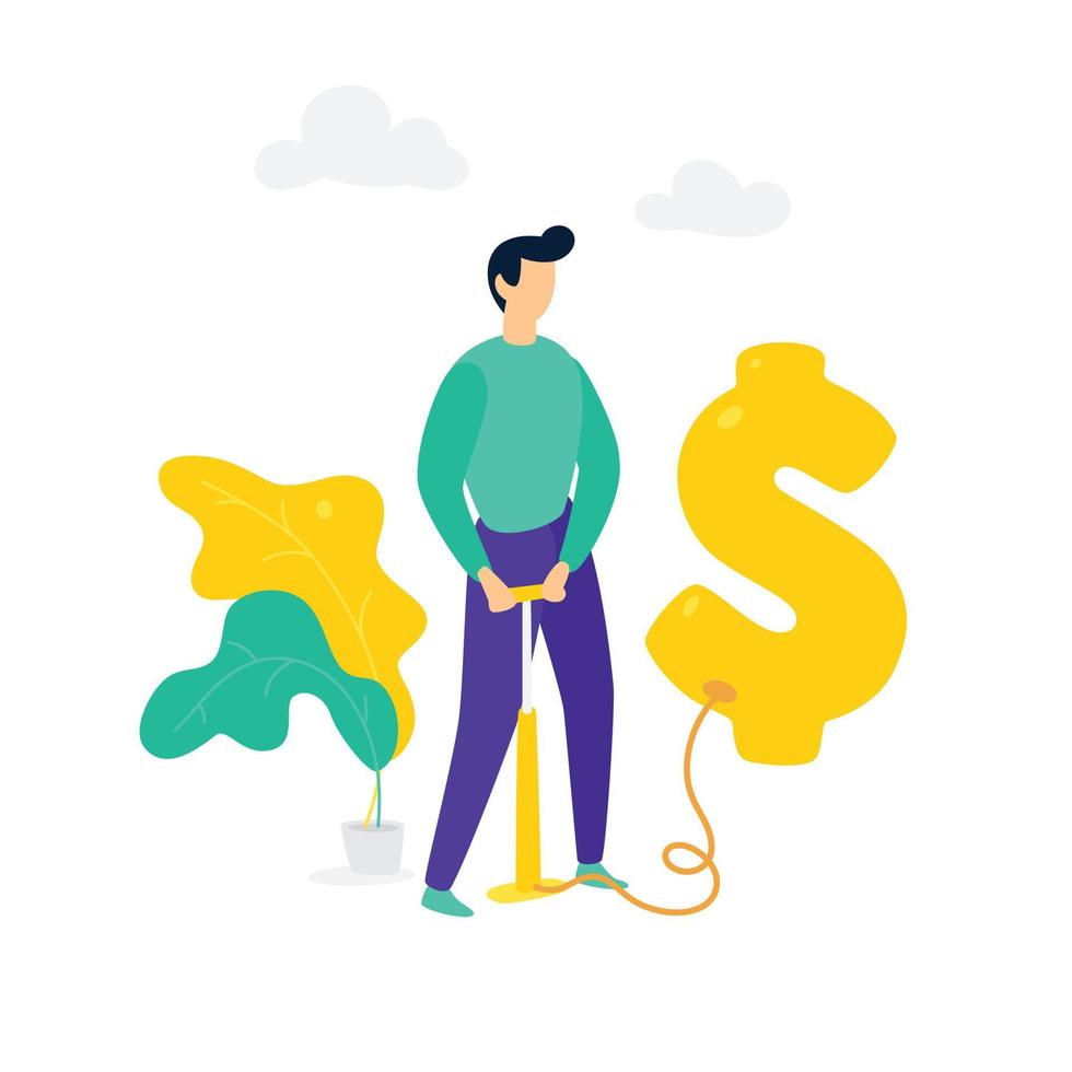 A man inflates a dollar balloon with a pump. Vector. Money mark Bubble in the foreign exchange market. Metaphor. The rise of the American dollar. The bubble in the investment market. vector