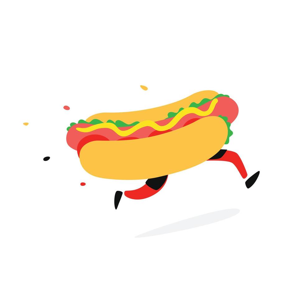 icono ejecutando hot dog. vector. logotipo para comida rápida y entrega de alimentos. divertida ilustración de un sándwich con salchicha. placa de dibujos animados, emblema de la empresa. pegatina y mascota para el sitio de la tienda. vector