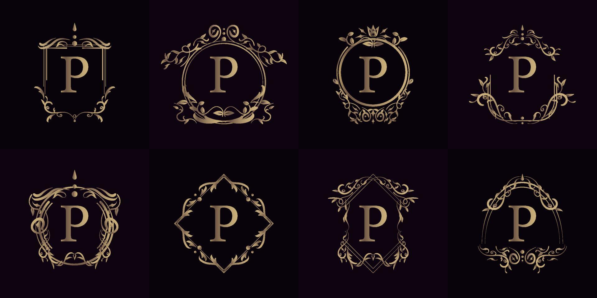logotipo inicial p con adorno de lujo o marco de flores, colección de juegos. vector