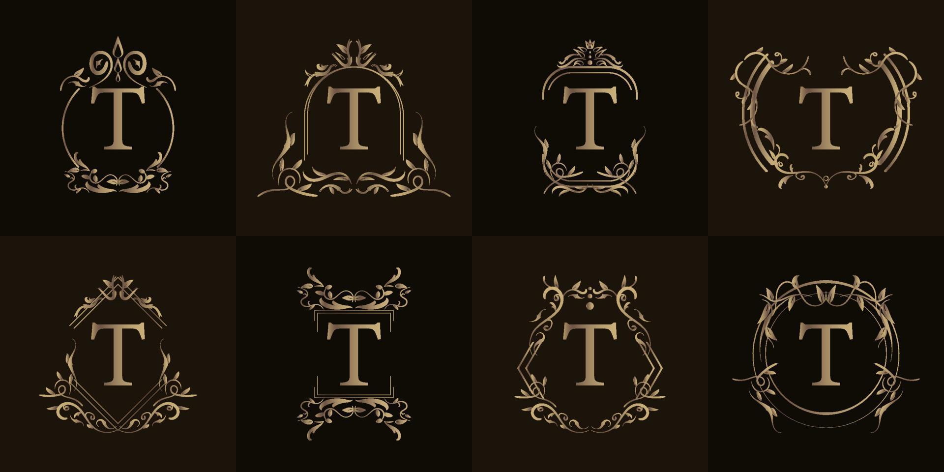 logotipo inicial t con adorno de lujo o marco de flores, colección de juegos. vector