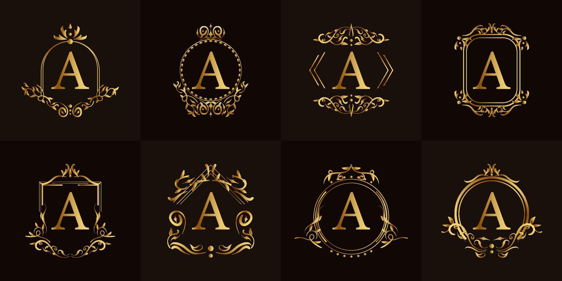 Logo initial A with luxury ornament or flower frame, set collection. vector