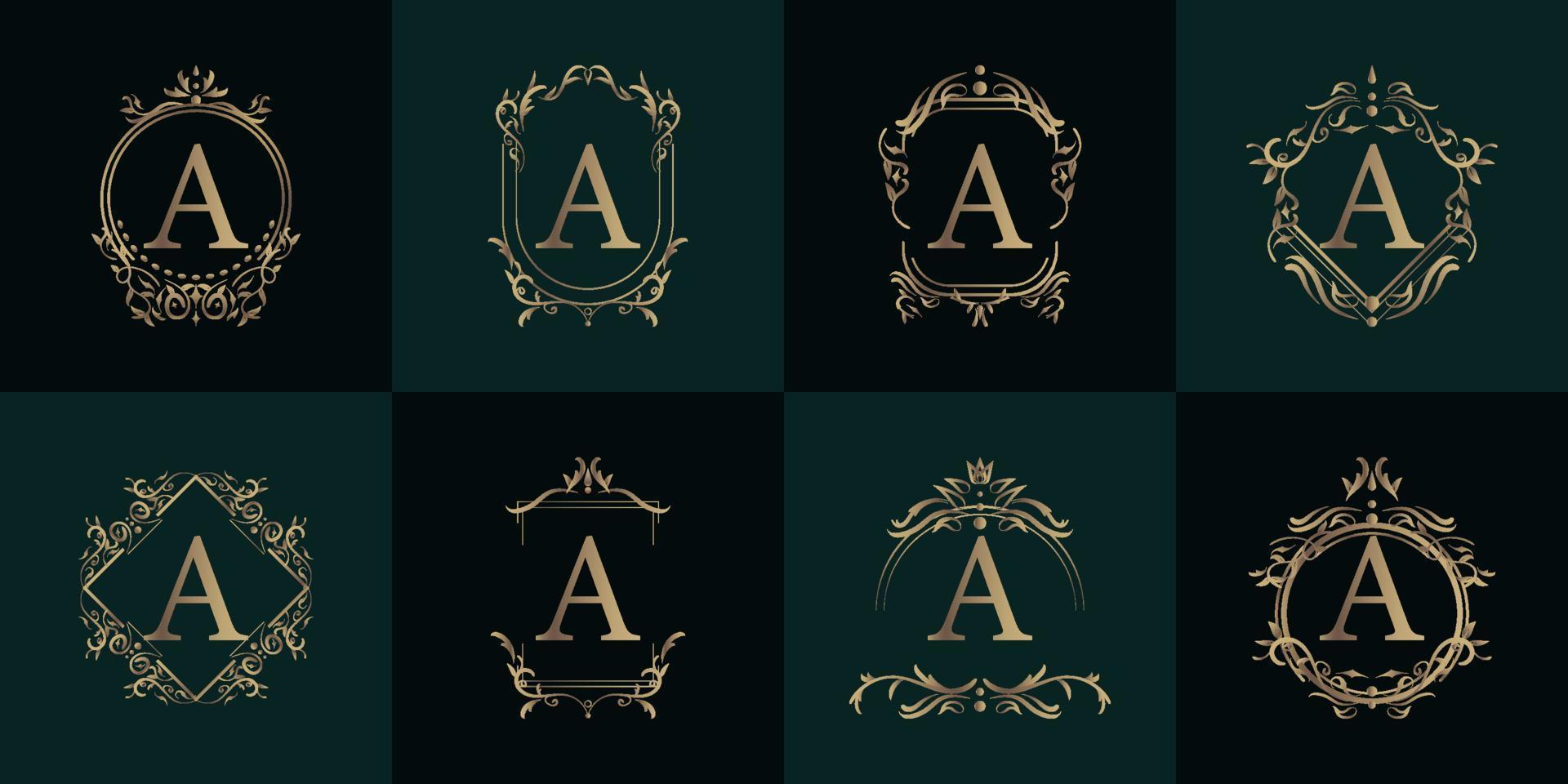 Logo initial A with luxury ornament or flower frame, set collection. vector